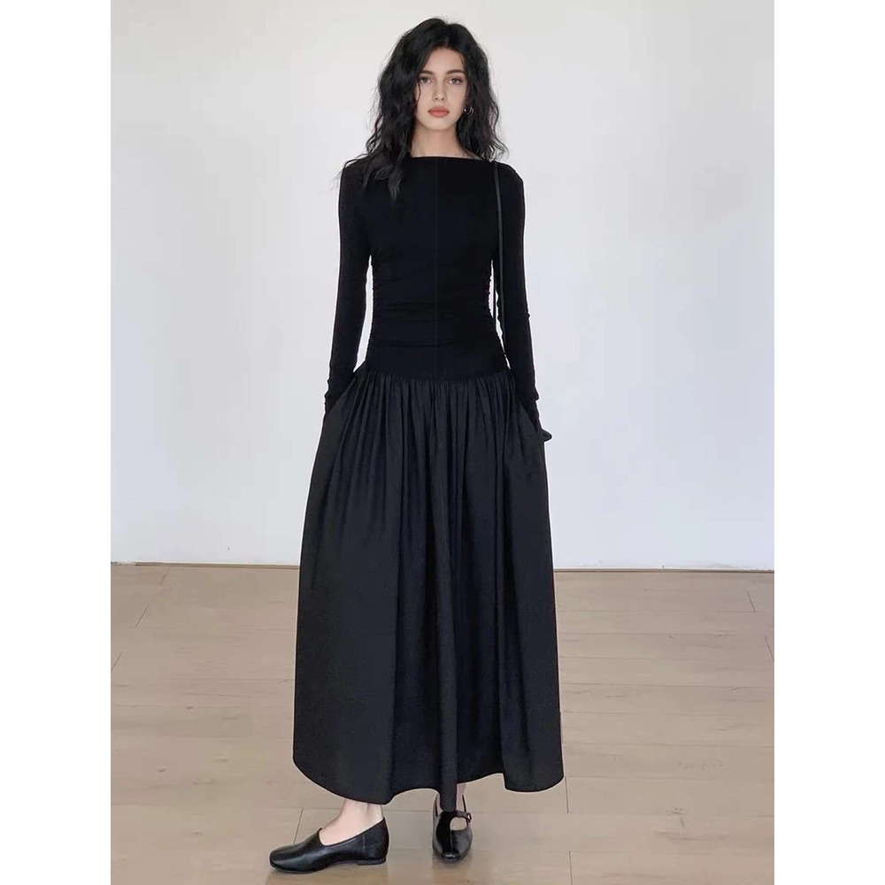 COMMENSE Pleated Patchwork Knit Long Sleeve Midi Dress Crew Neck Size M